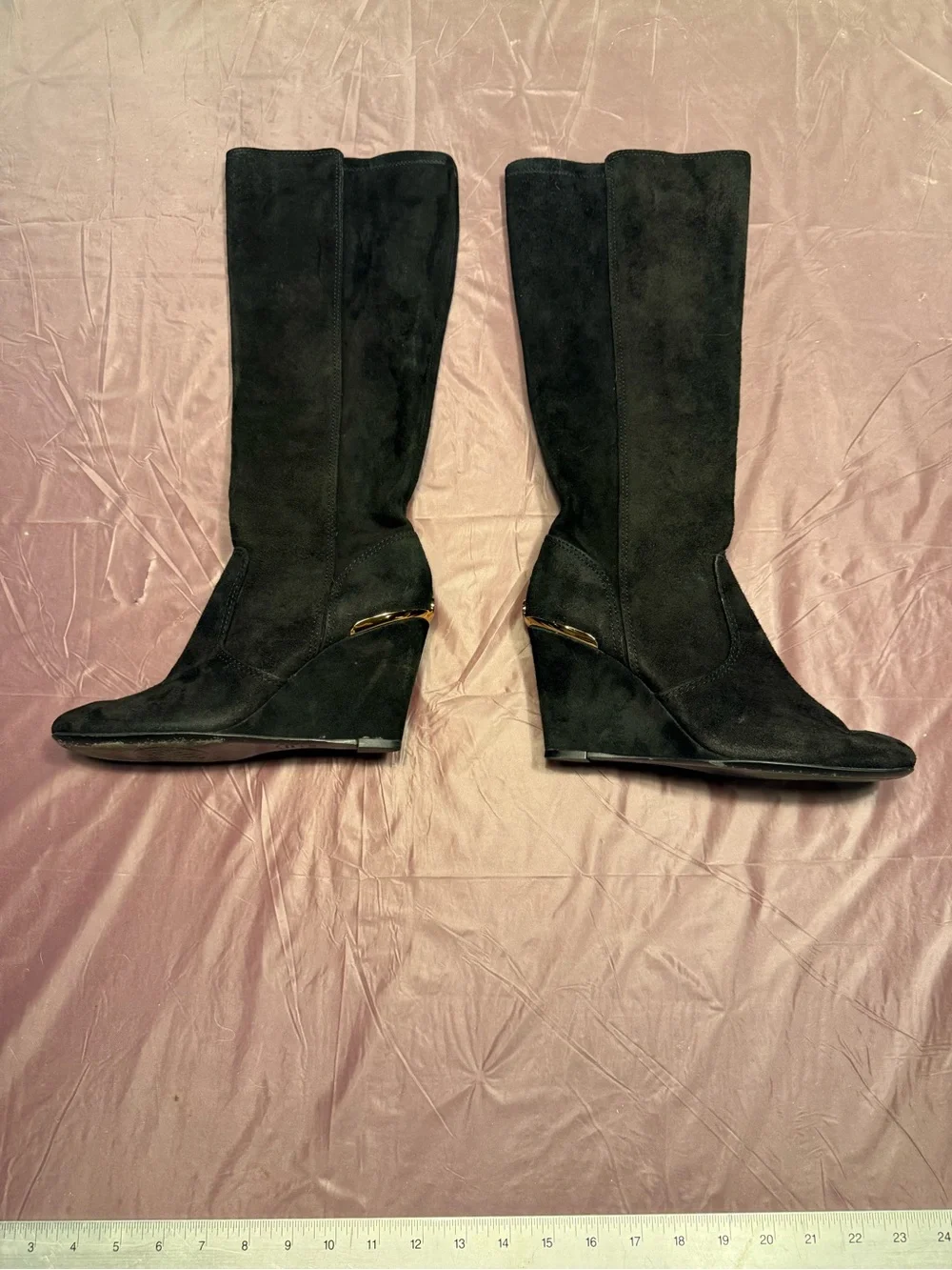 Tory Burch Hendin Black Gold Suede Leather Knee-High 3.5” Wedge Boots Size 8